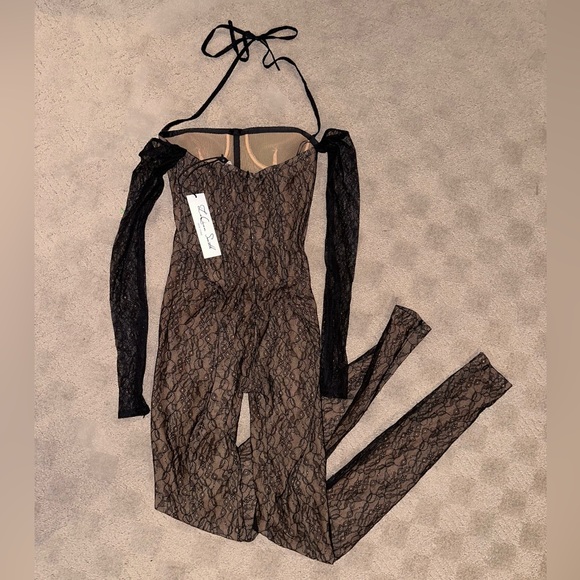 LaQuan Smith Lace Halter Long Sleeve Jumpsuit - Picture 6 of 8